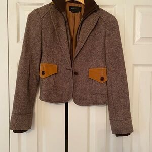 BCBGMaxAzria Brown Tweed Cropped Blazer with Tan Pocket Accents